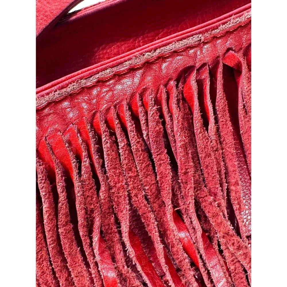 Zara Woman Red Genuine Leather Fringe Bohemian Crossbody